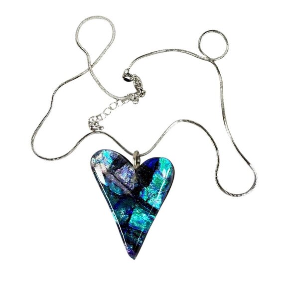 Handcrafted Dichroic Glass Heart Pendant Necklace with Silver Tone Chain - Picture 1 of 15
